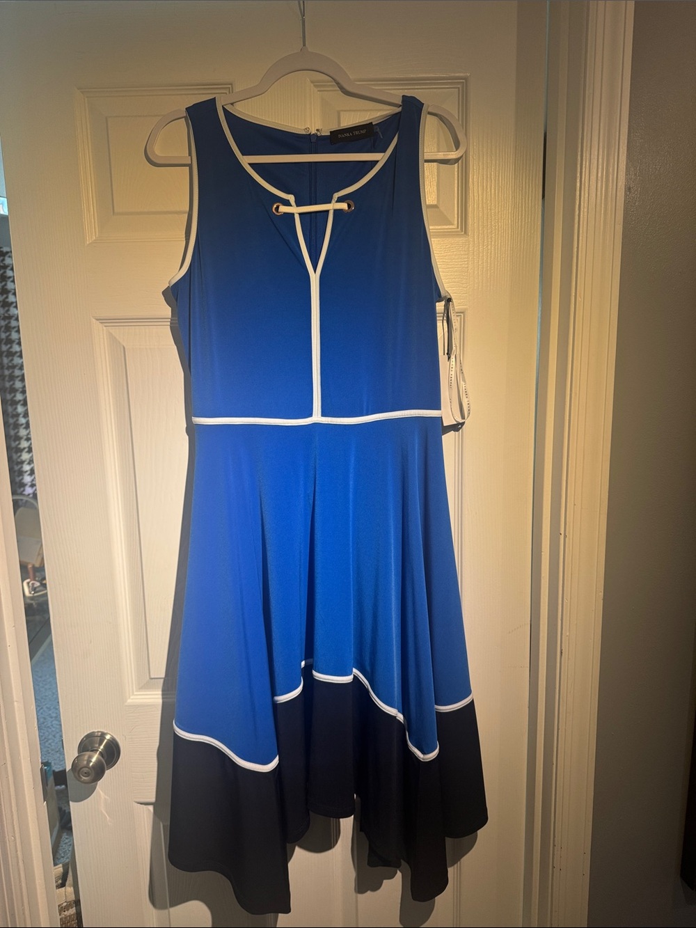Ivanka Trump Blue and Black Sleeveless Midi Dress with White Piping